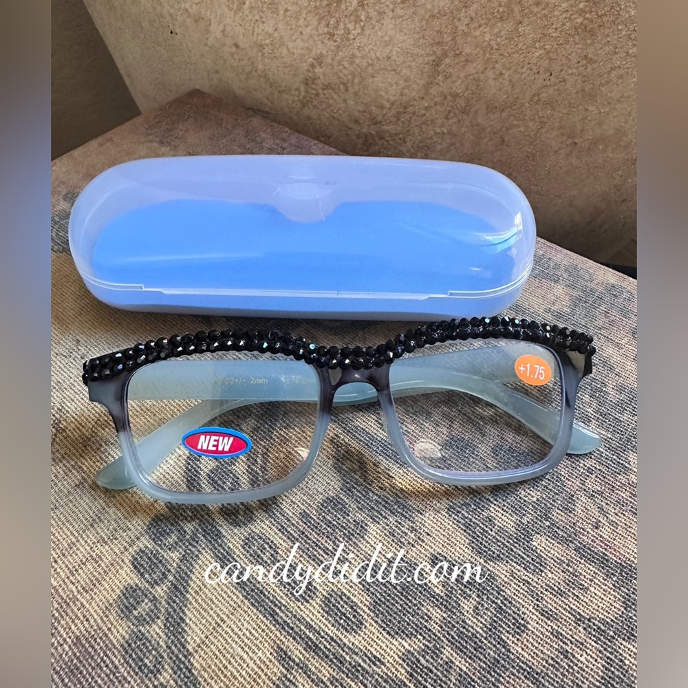 NWT Stylish Black & Gray Tortoise With Black Crystals Reading Glasses 1.75